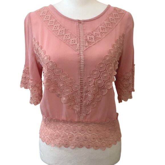 Self Esteem Pink Lace-Trim Crewneck Short Bell Sleeve Back Tie Top Size Small - Picture 2 of 7